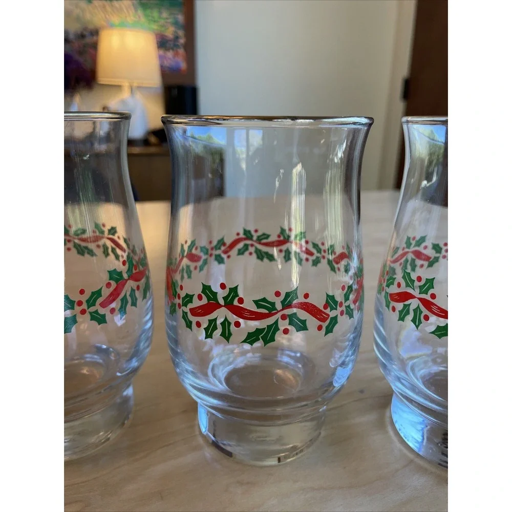 LOT OF 4 VINTAGE LIBBEY ARBY'S HOLLY RIBBONS GLASS TUMBLERS 5 1/4